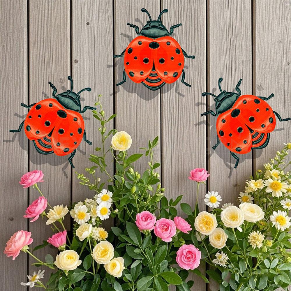 3 Pcs - Metal ladybug Garden Decor Set