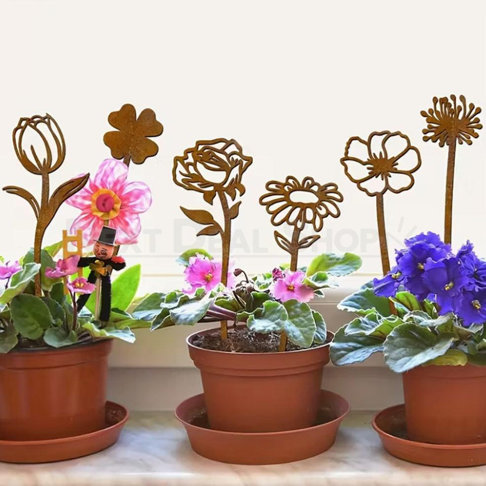 6 Pcs Rustic Metal Flower Garden Stake Set