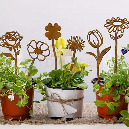 6 Pcs Rustic Metal Flower Garden Stake Set