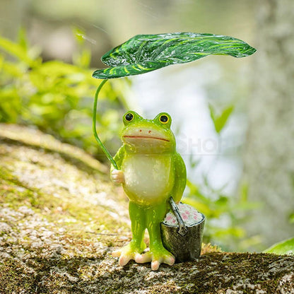 Adorable Gardener Frog Figurine with Leaf Umbrella