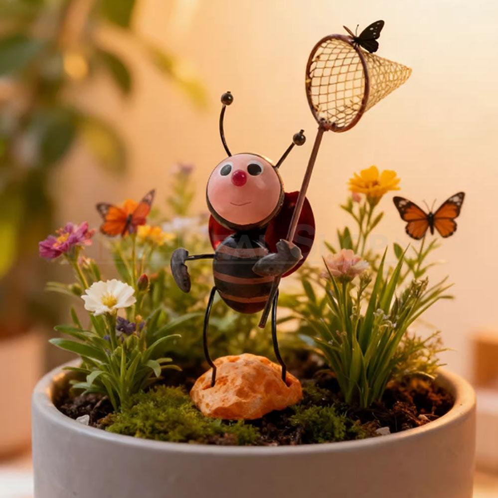Adorable Metal Garden Bug with Butterfly Net