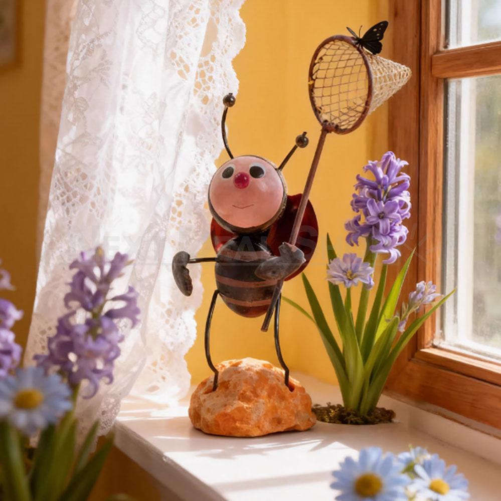 Adorable Metal Garden Bug with Butterfly Net