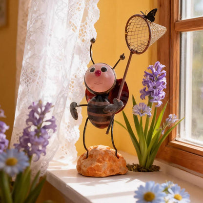 Adorable Metal Garden Bug with Butterfly Net