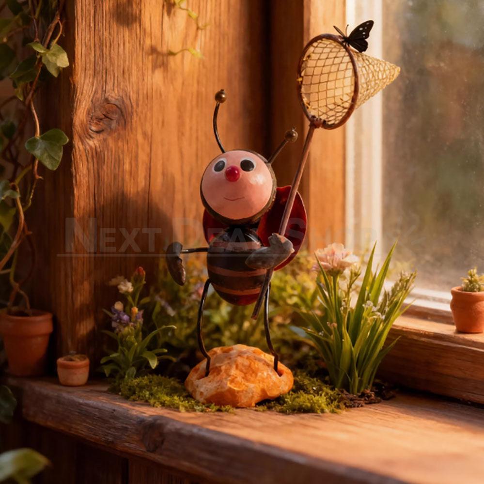 Adorable Metal Garden Bug with Butterfly Net