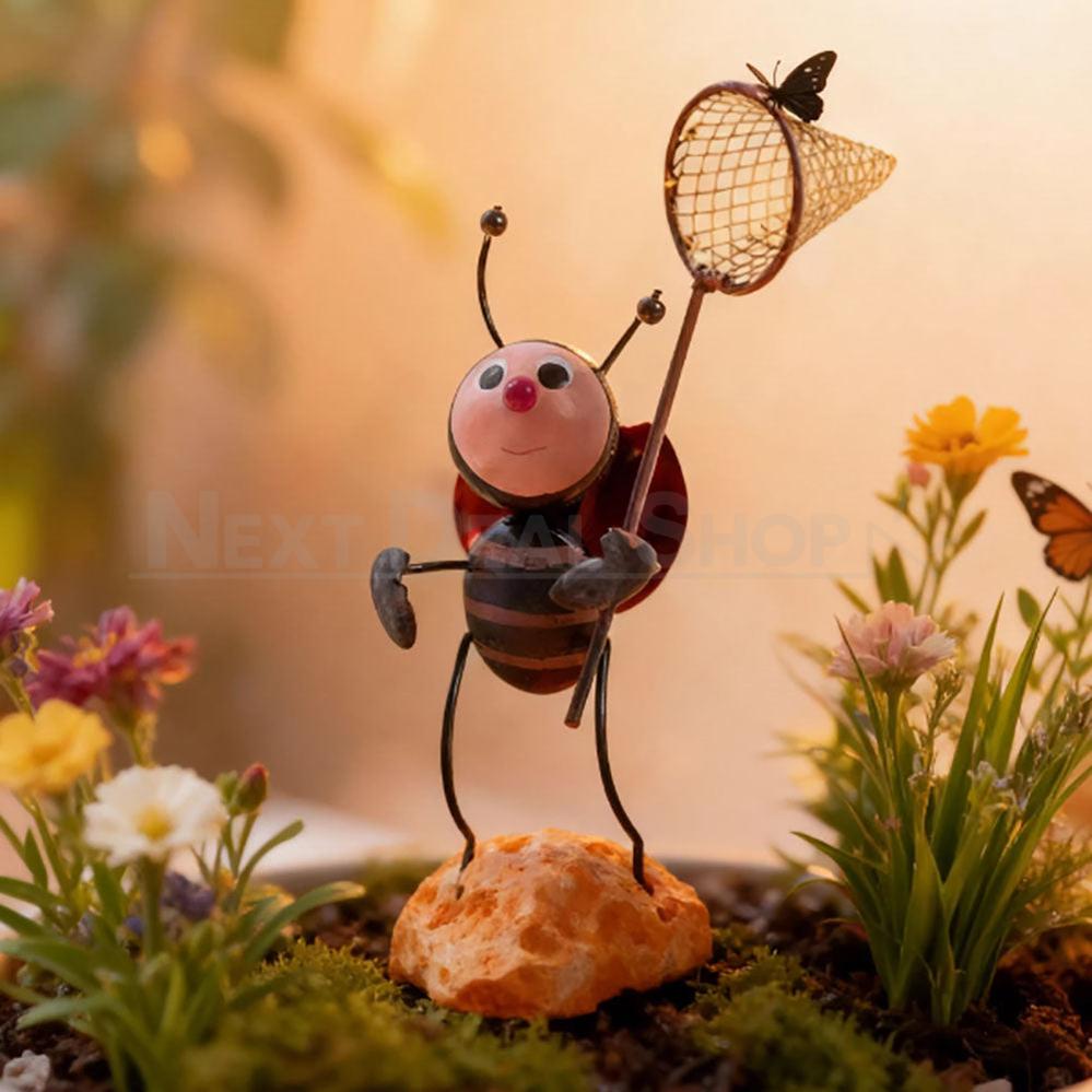 Adorable Metal Garden Bug with Butterfly Net