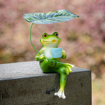 Coffee Frog Garden Figurine with Leaf Umbrella