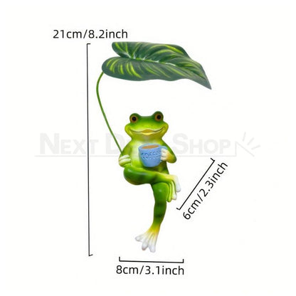 Coffee Frog Garden Figurine with Leaf Umbrella