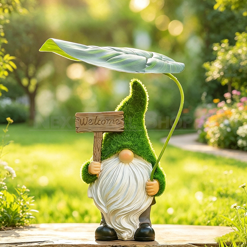 Flocked Moss Garden Gnome Figurine with Leaf Umbrella