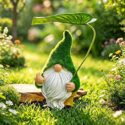 Flocked Moss Garden Gnome Figurine with Leaf Umbrella