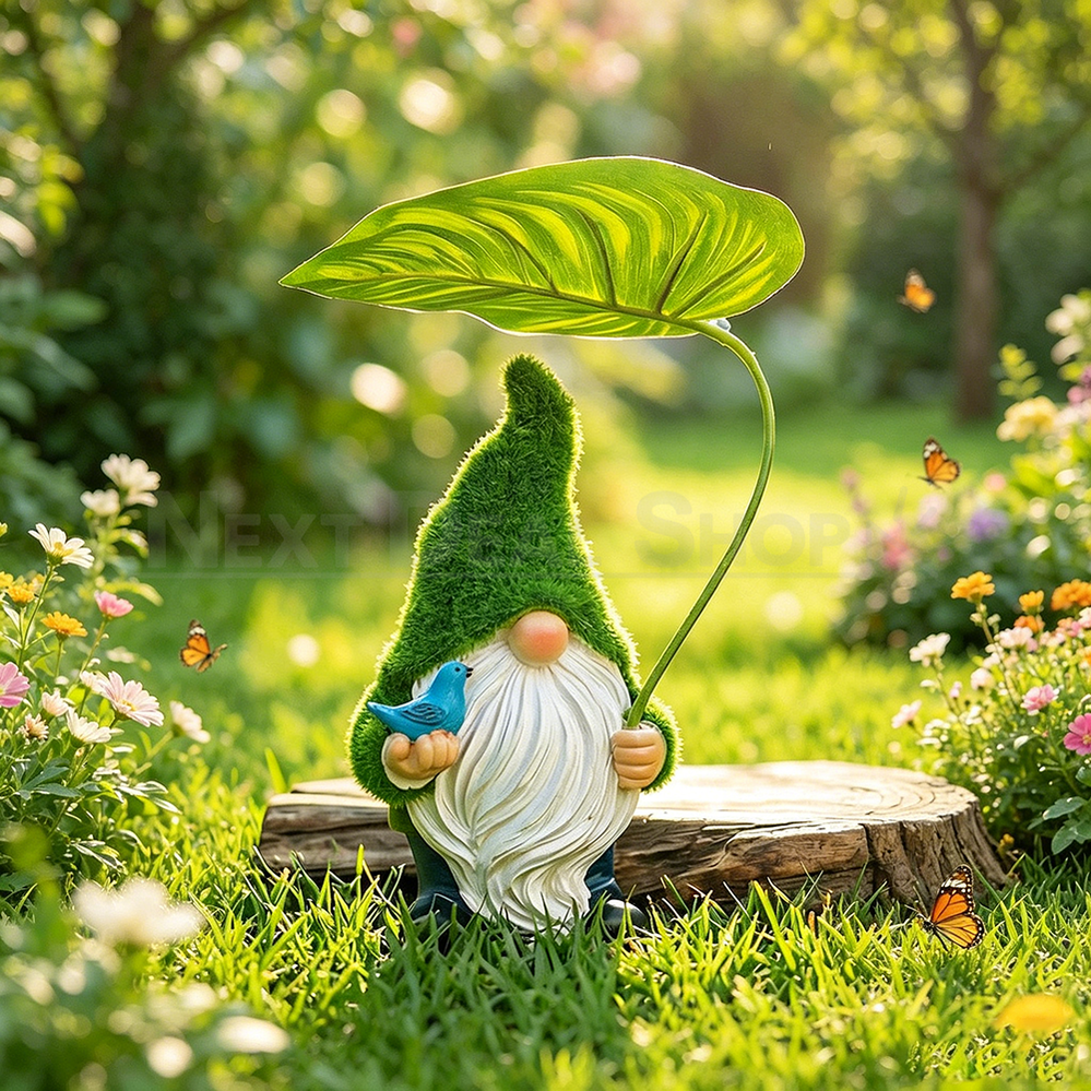 Flocked Moss Garden Gnome Figurine with Leaf Umbrella