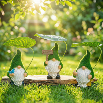 Flocked Moss Garden Gnome Figurine with Leaf Umbrella