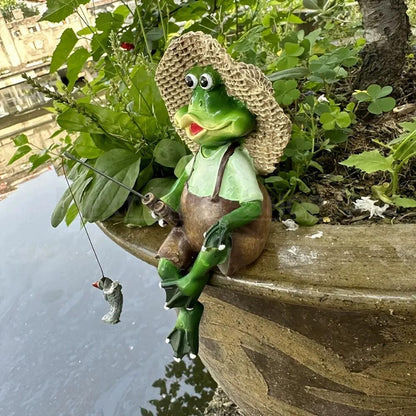Hand Painted Fishing Frog Garden Figurine