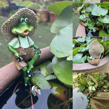 Hand Painted Fishing Frog Garden Figurine