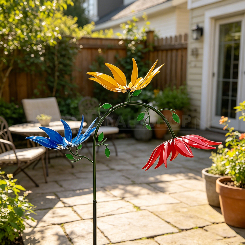 Metal Flower Garden Wind Spinner Stake Outdoor Yard Lawn Decor