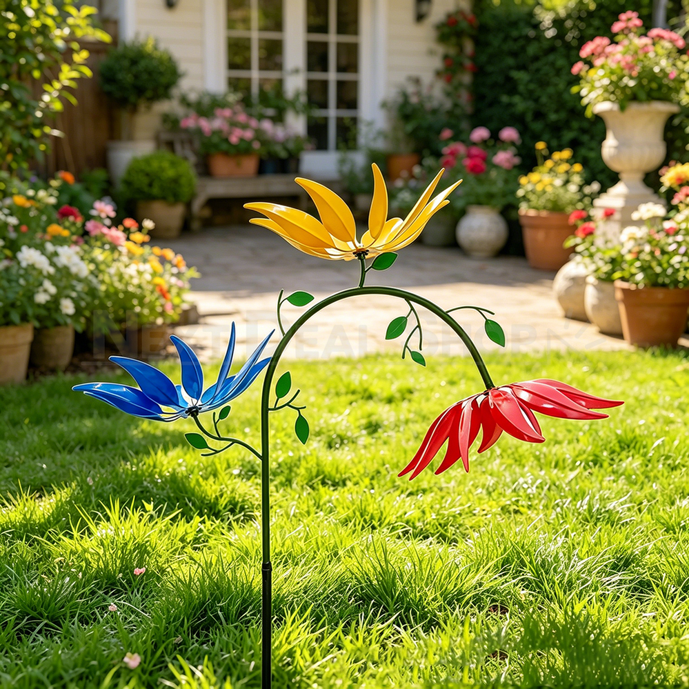 Metal Flower Garden Wind Spinner Stake Outdoor Yard Lawn Decor