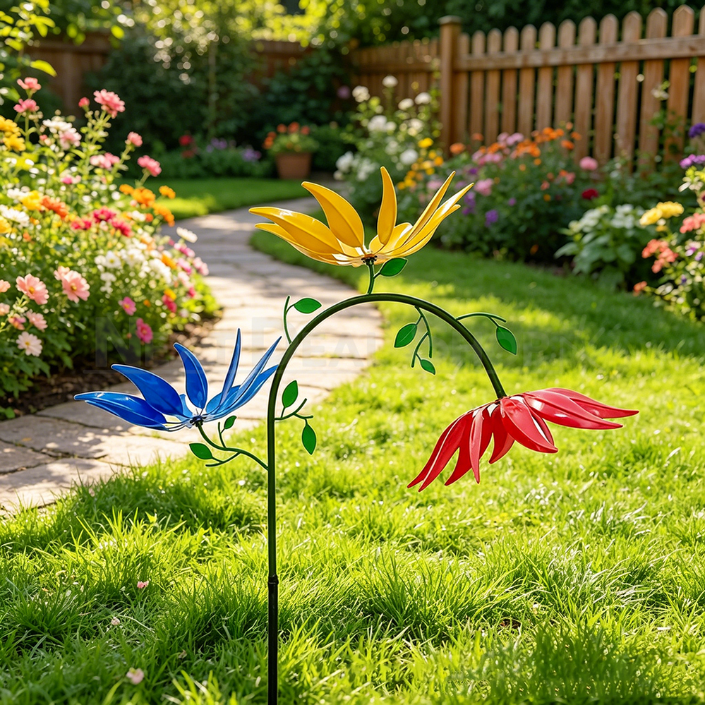 Metal Flower Garden Wind Spinner Stake Outdoor Yard Lawn Decor