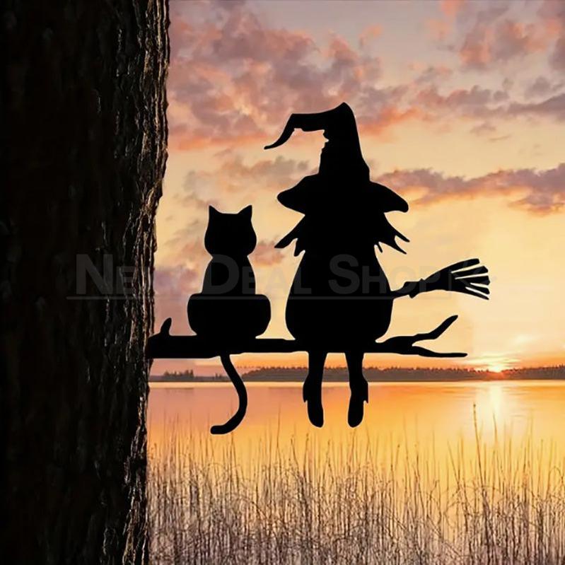 Metal Witch & Cat Silhouette Garden Decor