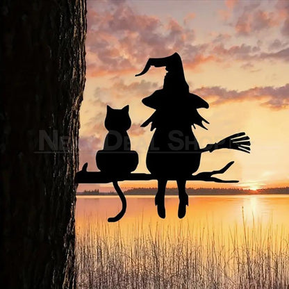 Metal Witch & Cat Silhouette Garden Decor