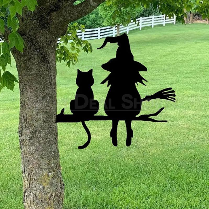 Metal Witch & Cat Silhouette Garden Decor