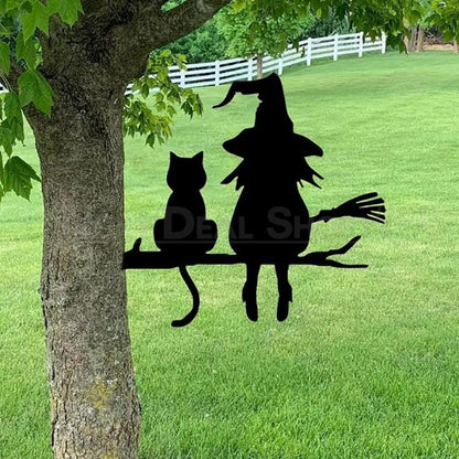 Metal Witch & Cat Silhouette Garden Decor