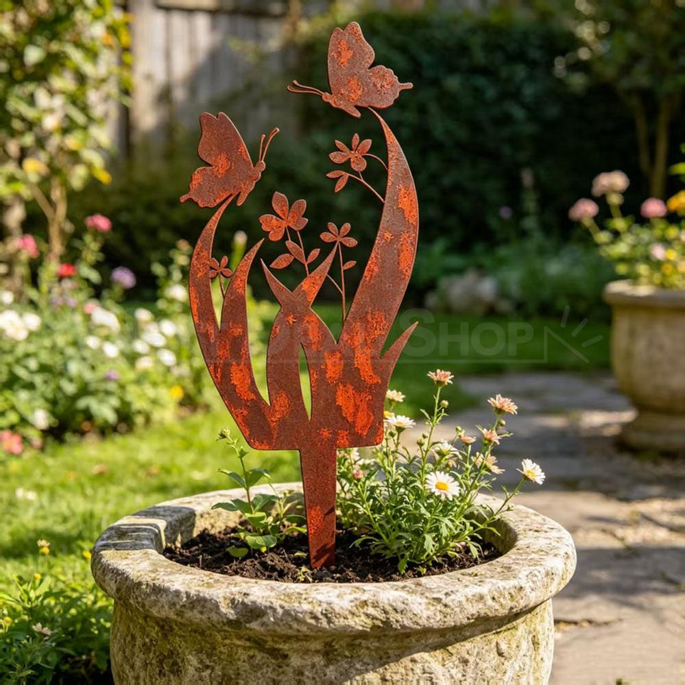 Rustic Metal Butterfly & Flower Garden Stake
