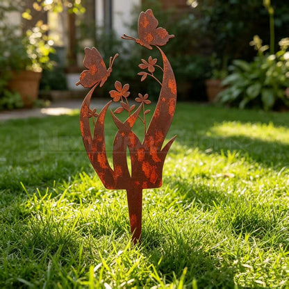 Rustic Metal Butterfly & Flower Garden Stake