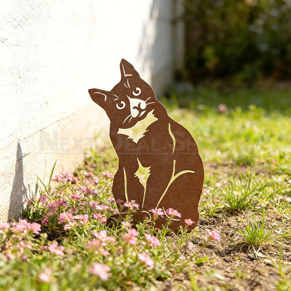 Rustic Metal Cat Silhouette Garden Stake Yard Art Decor