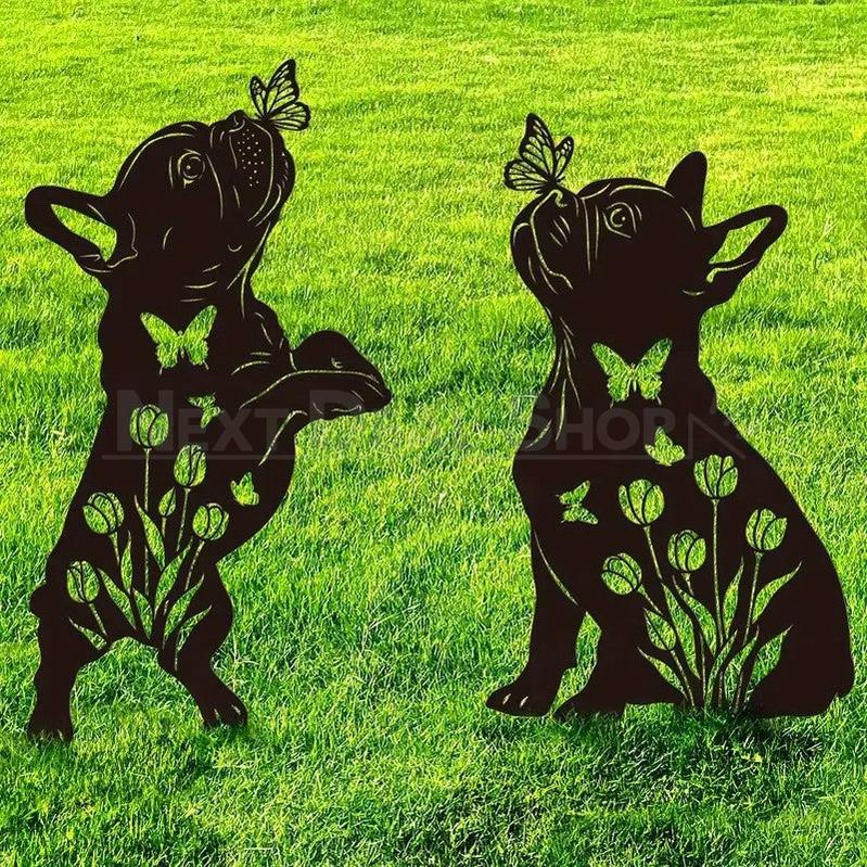 Set of 2 Metal French Bulldog Silhouette Garden Stakes