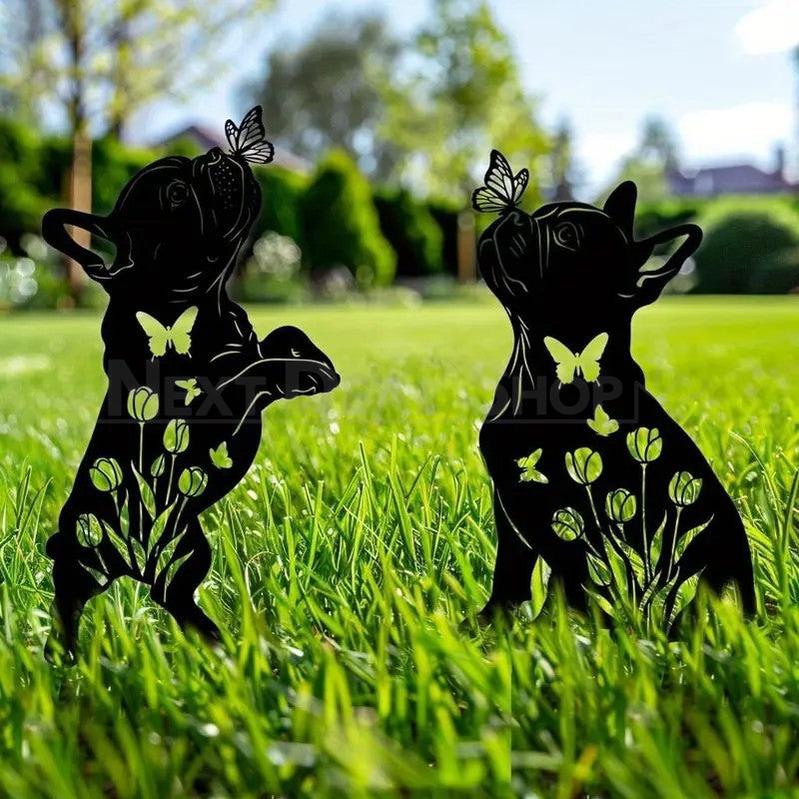 Set of 2 Metal French Bulldog Silhouette Garden Stakes