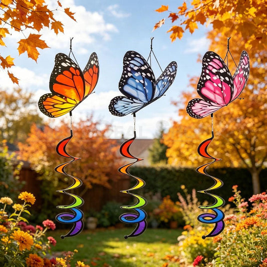 Set of 3 Colorful Butterfly Hanging Spiral Wind Spinner Outdoor Garden Decor