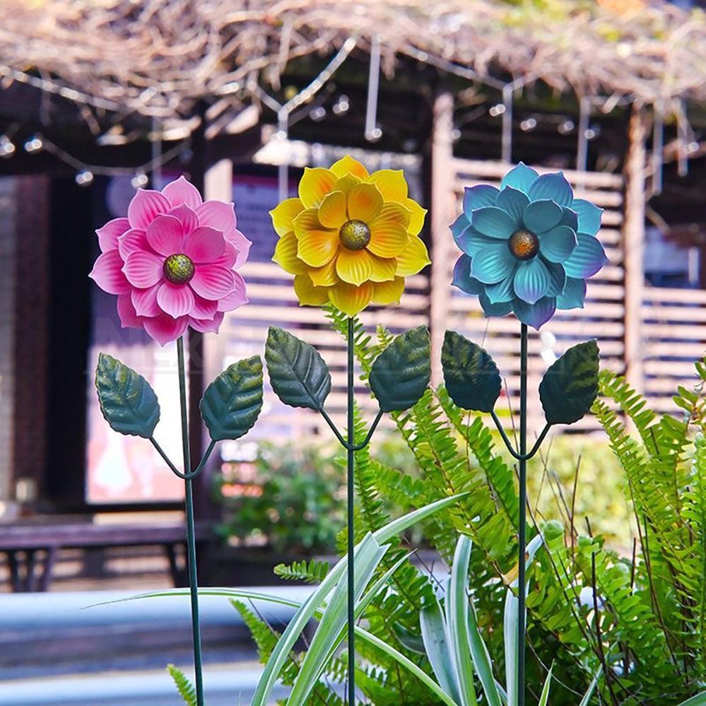 Set of 3 Hand Painted Metal Flower Garden Stakes
