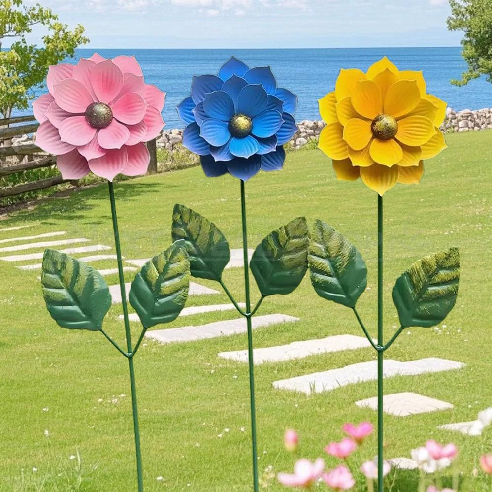 Set of 3 Hand Painted Metal Flower Garden Stakes
