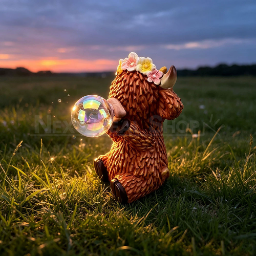 Solar Powered Highland Cow Blowing Bubble Garden Statue