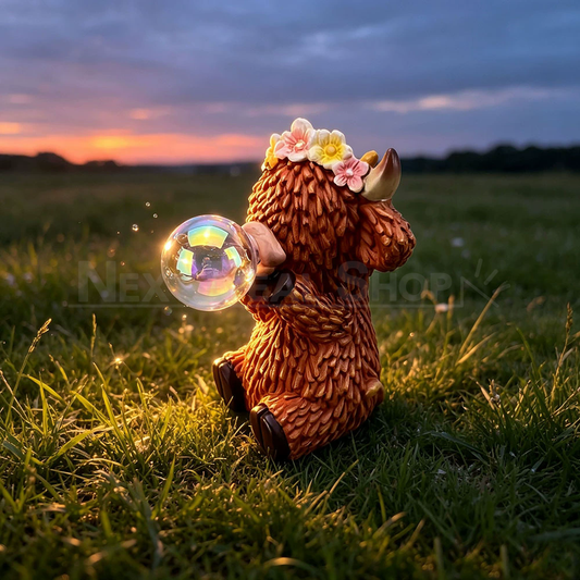 Solar Powered Highland Cow Blowing Bubble Garden Statue