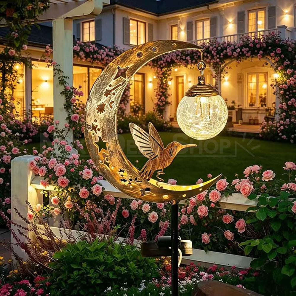 Solar Powered Hummingbird Moon Crackle Glass Ball Garden Stake Light
