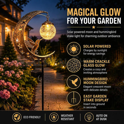 Solar Powered Hummingbird Moon Crackle Glass Ball Garden Stake Light
