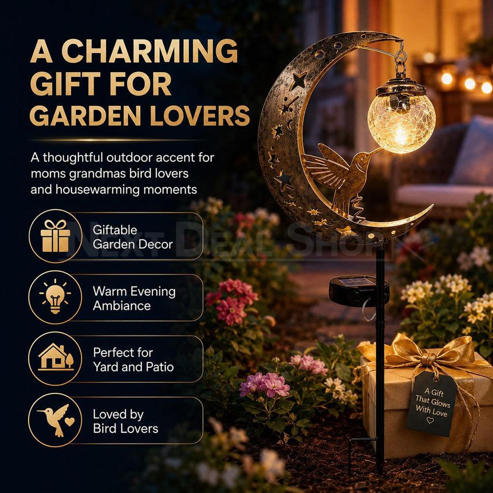 Solar Powered Hummingbird Moon Crackle Glass Ball Garden Stake Light