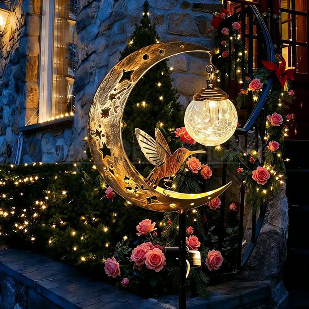 Solar Powered Hummingbird Moon Crackle Glass Ball Garden Stake Light