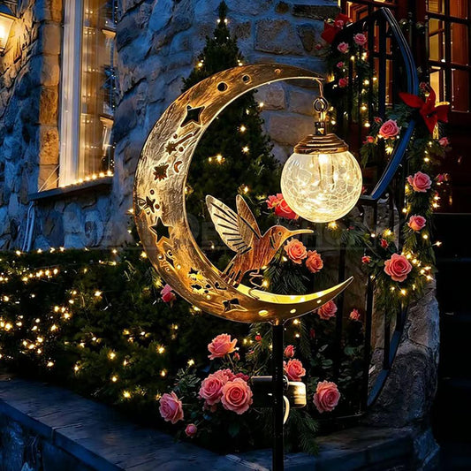 Solar Powered Hummingbird Moon Crackle Glass Ball Garden Stake Light