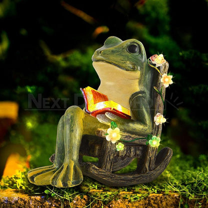 Solar Powered Reading Frog Garden Statue