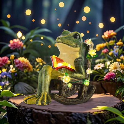 Solar Powered Reading Frog Garden Statue