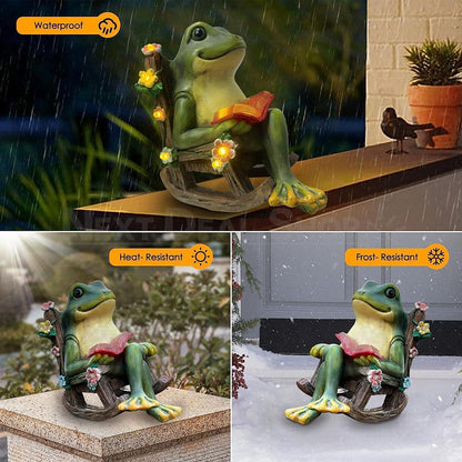 Solar Powered Reading Frog Garden Statue