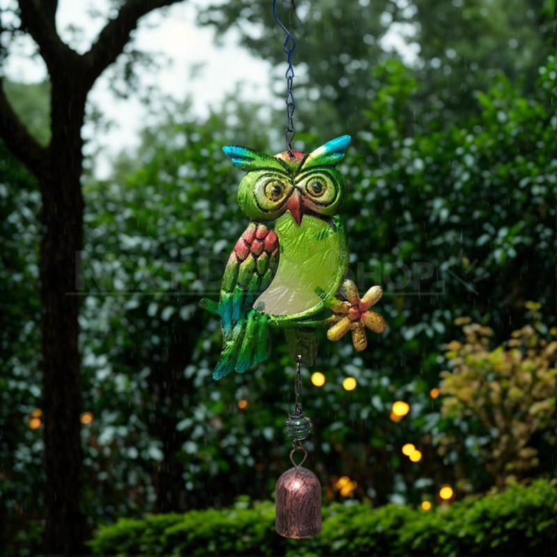 Stained Glass & Iron Owl Garden Wind Chime