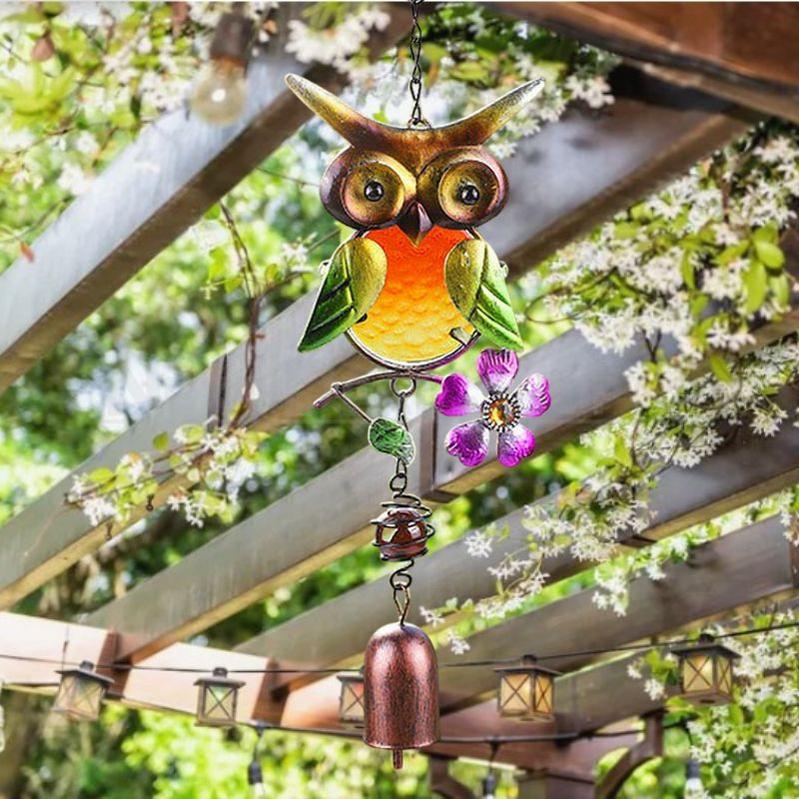 Stained Glass & Iron Owl Garden Wind Chime