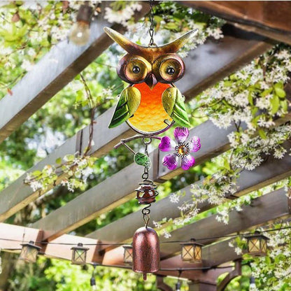 Stained Glass & Iron Owl Garden Wind Chime