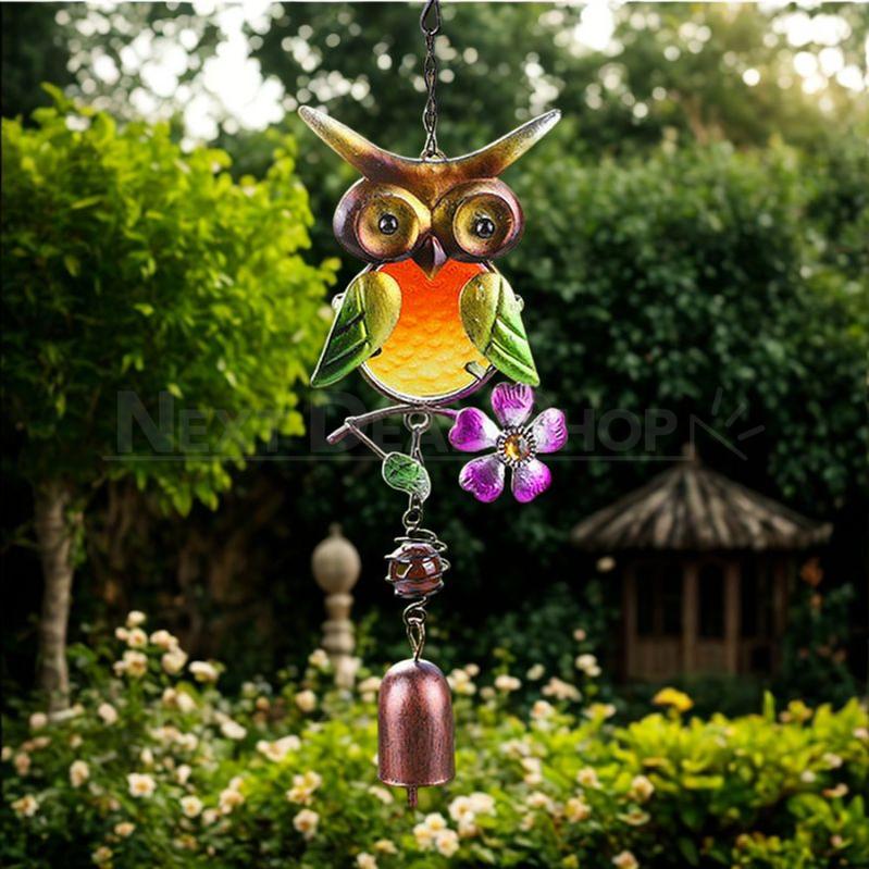 Stained Glass & Iron Owl Garden Wind Chime